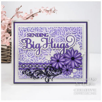 Creative Expressions - Sue Wilson Dies - Noble Shadowed Sentiment - Sending Big Hugs.  Bold curly text in a good size the dies will add a great finishing touch to a card or as a main feature. Available at Embellish Away located in Bowmanville Ontario Canada. Card by brand ambassador.