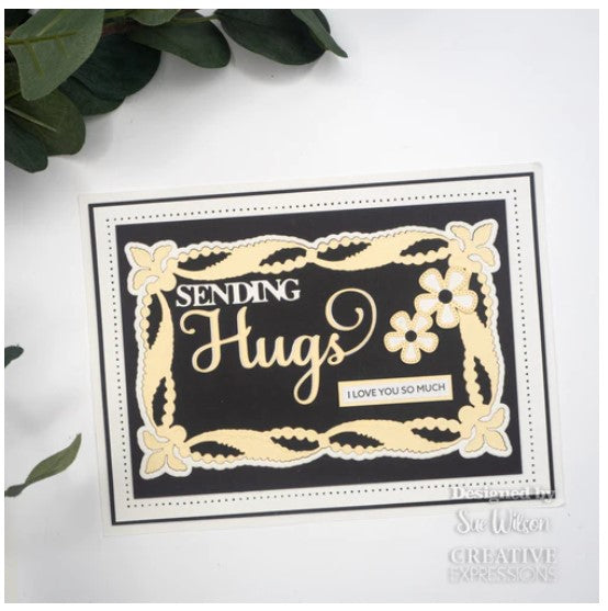 Creative Expressions - Sue Wilson Dies - Noble Shadowed Sentiment - Sending Big Hugs.  Bold curly text in a good size the dies will add a great finishing touch to a card or as a main feature. Available at Embellish Away located in Bowmanville Ontario Canada. Card by brand ambassador.