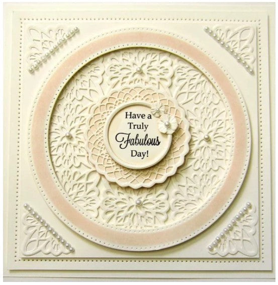 Creative Expressions - Sue Wilson Dies - Striplet - Radiance. The Radiance Striplet provides a lovely backdrop for Gillian or any other die set in the centre of the frame. Sizes: Outside Frame: 2.10" x 6.15" Inside Pattern: 1.80" x 5.90" Available at Embellish Away located in Bowmanville Ontario Canada. Crad by brand ambassador.