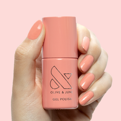 CS - Gel shown on nails in a soft coral peach shade for a fresh, petal-soft at-home gel manicure look