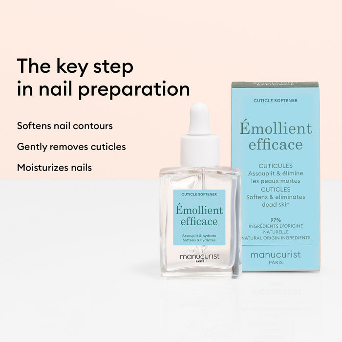 A bottle and box of Manucurist Cuticle Softener  Pusher Duo are shown on a beige surface. Text highlights benefits: softening nail contours, removing dead skin, and moisturizing the nail plate.