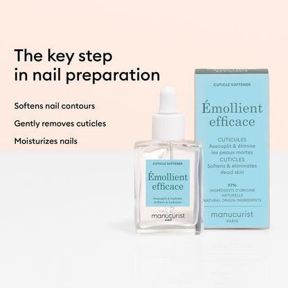 A bottle and box of Manucurist Cuticle Softener  Pusher Duo are shown on a beige surface. Text highlights benefits: softening nail contours, removing dead skin, and moisturizing the nail plate.