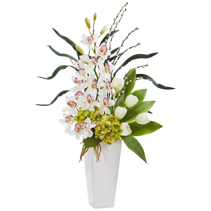 Cymbidium Orchid, Hydrangea and Tulip Artificial Arrangement