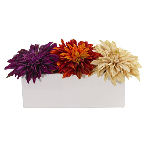 Dahlia Artificial Arrangement in White Planter
