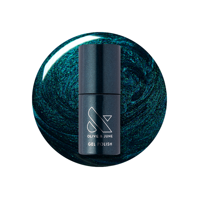 Dancing Green - Gel bottle over deep emerald green chrome gel polish for a long-lasting manicure by Olive and June