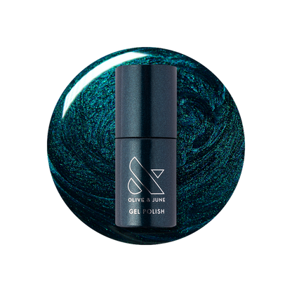 Dancing Green - Gel bottle over deep emerald green chrome gel polish for a long-lasting manicure by Olive and June