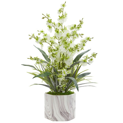 Dancing Lady Orchid Artificial Arrangement in Marble Finished Vase