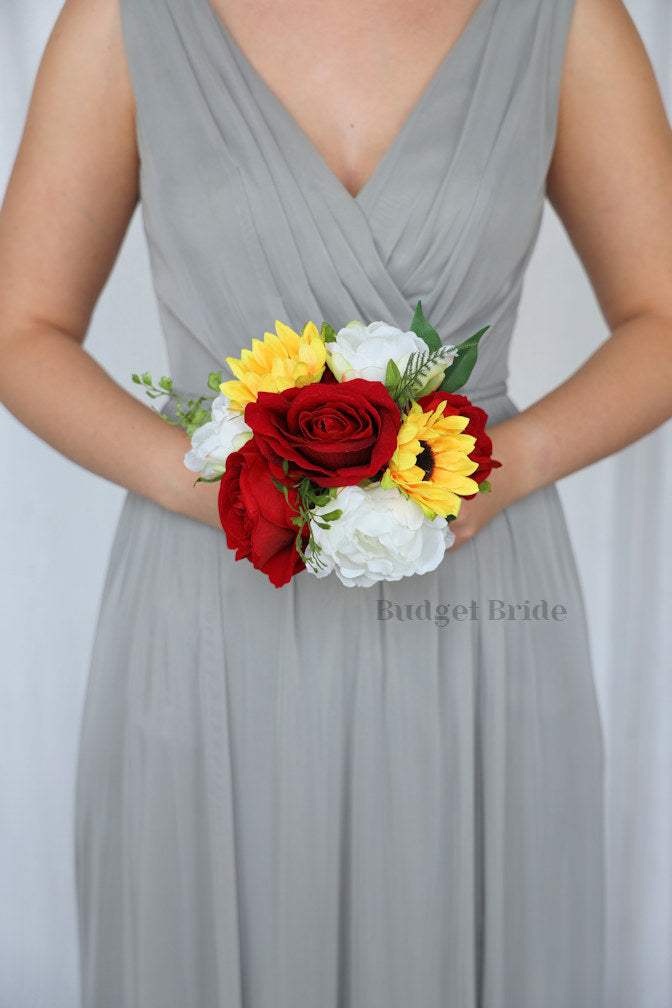 Dark Red and Sunflowers Elegant Wedding Bouquet- $39.50 | Mara