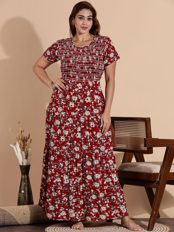 Dark Red Rayon Smocked Frock Type Nighty for Women