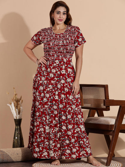 Dark Red Rayon Smocked Frock Type Nighty for Women