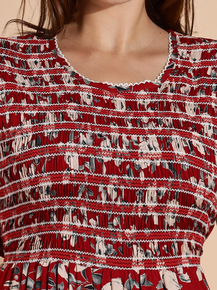 Dark Red Rayon Smocked Frock Type Nighty for Women