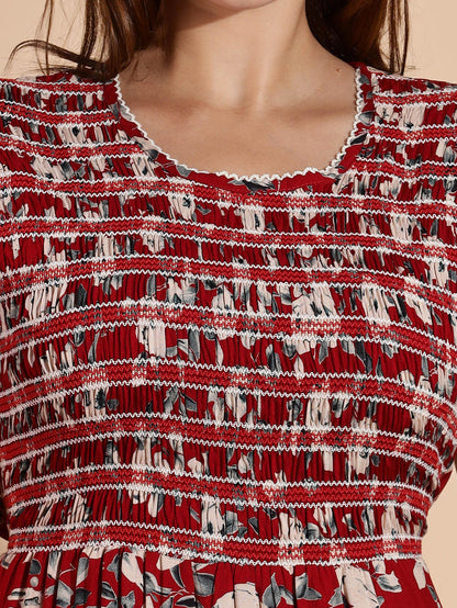 Dark Red Rayon Smocked Frock Type Nighty for Women
