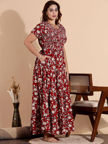 Dark Red Rayon Smocked Frock Type Nighty for Women