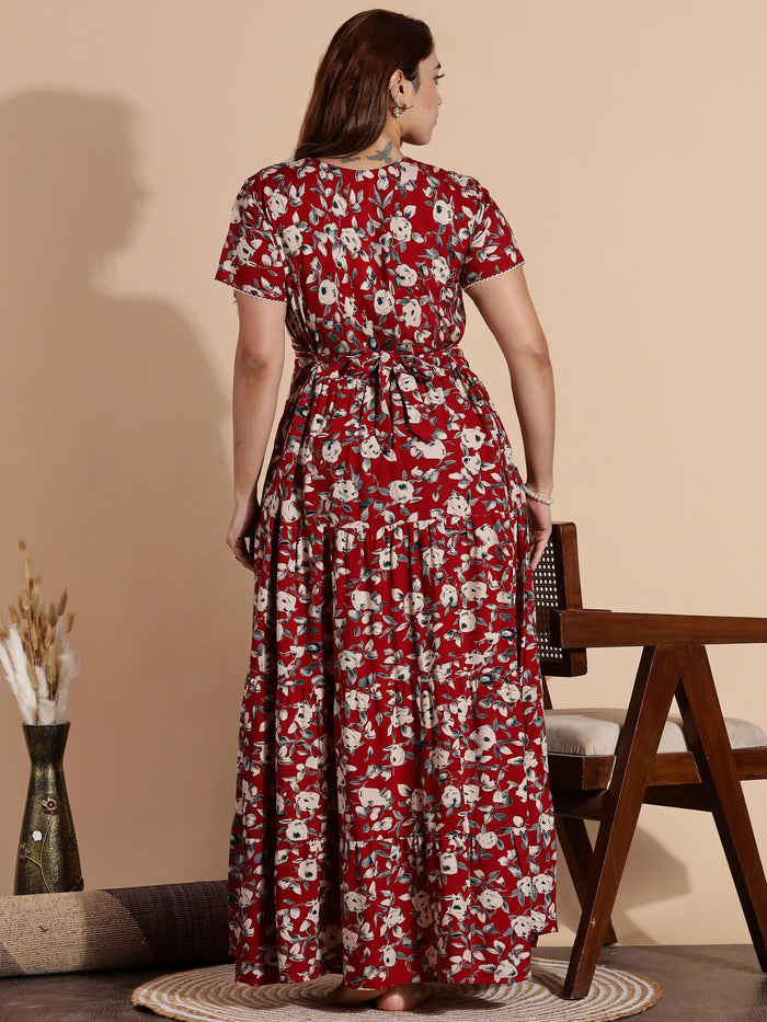 Dark Red Rayon Smocked Frock Type Nighty for Women