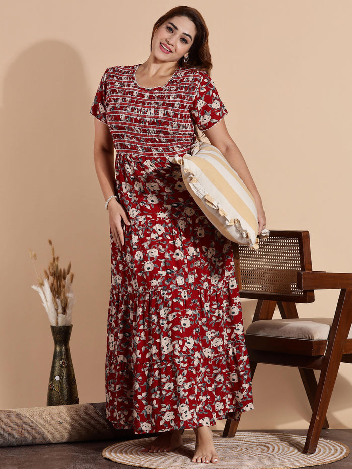 Dark Red Rayon Smocked Frock Type Nighty for Women