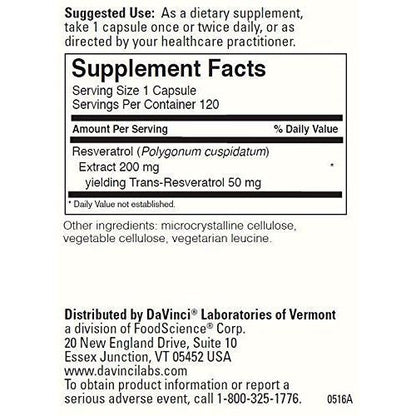 DaVinci Laboratories Resveratrol-50 120 Caps - Supplement Facts panel