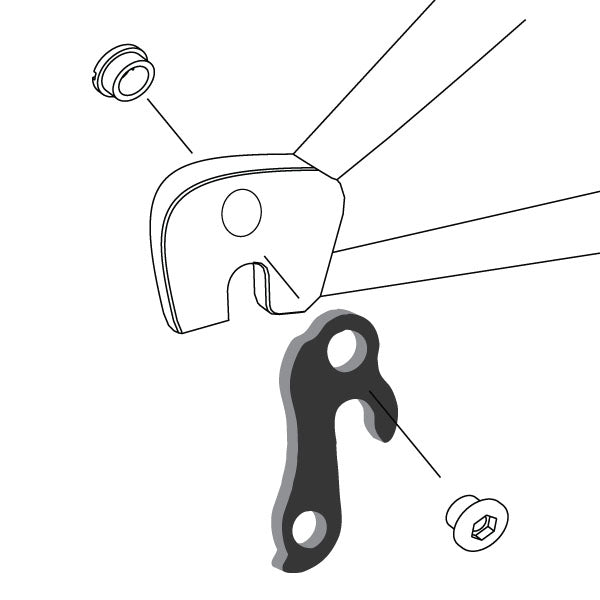 Hanger #42 attaches to the rear dropout from the outside or derailleur side using one M8 chainring bolt.