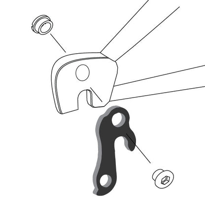 Hanger #42 attaches to the rear dropout from the outside or derailleur side using one M8 chainring bolt.