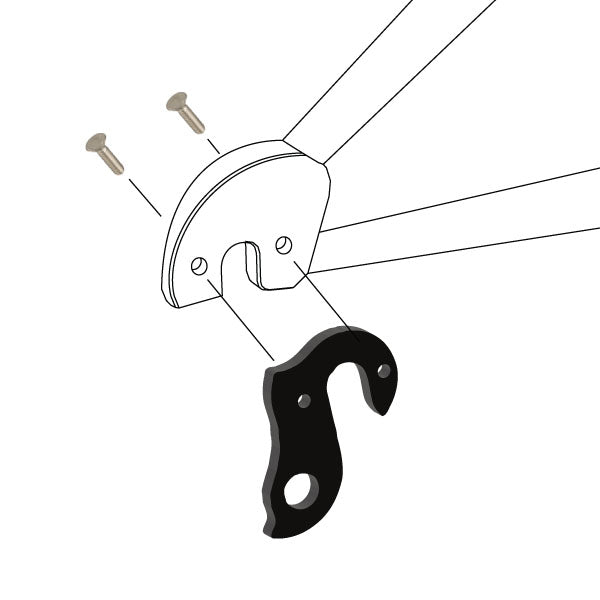 Hanger #87 attaches to the rear dropout from the outside or derailleur side using two M4x8 flat head screws.
