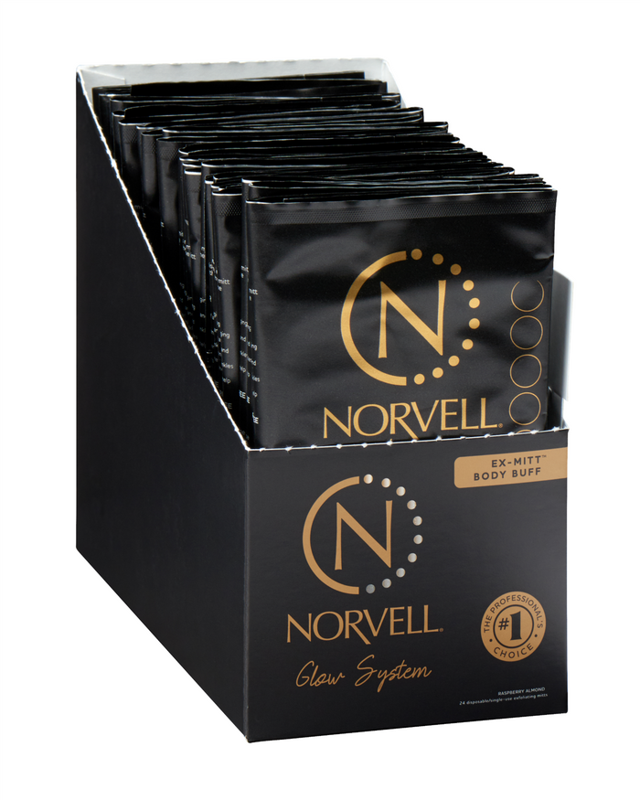 Norvell Pre-Tan, Disposable Exfoliating Mitt counter display on a white background