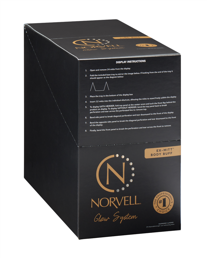 Norvell Pre-Tan, Disposable Exfoliating Mitt count display unopened on a white background