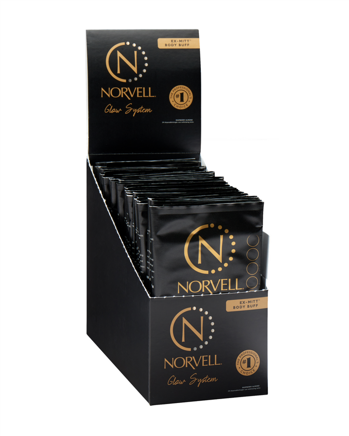 Norvell Pre-Tan, Disposable Exfoliating Mitt counter display fully set up on a white background