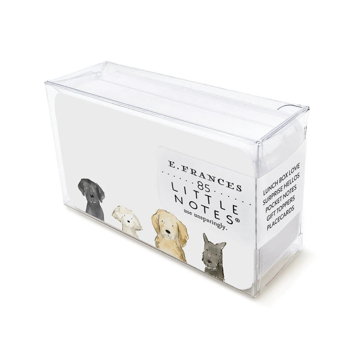 Clear box of dog-themed little notes with assorted dog illustrations