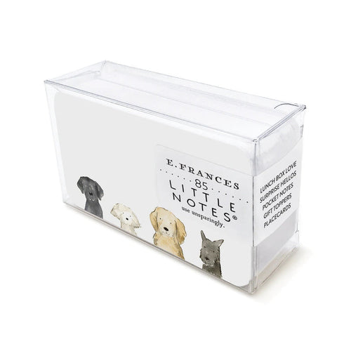 Clear box of dog-themed little notes with assorted dog illustrations