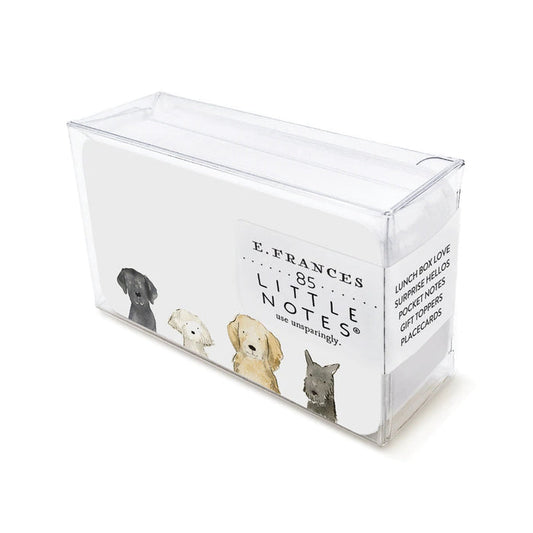 Clear box of dog-themed little notes with assorted dog illustrations