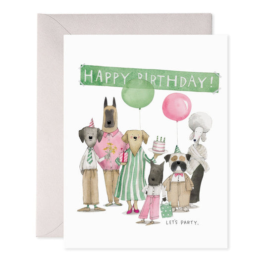 Dog birthday greeting card with 'Happy Birthday' text, dressed dogs and balloons