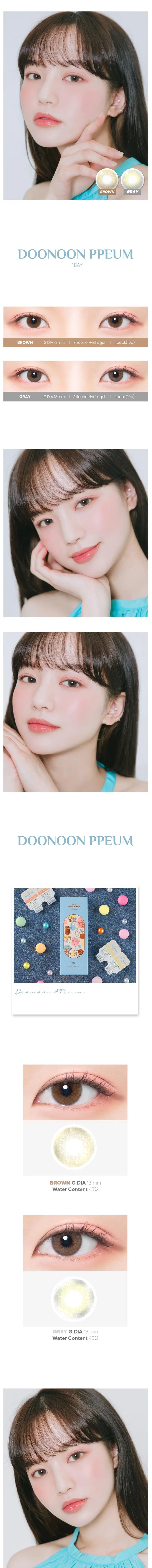Variety of DooNoon Ppeum 1-Day Grey (10pk) contact lens colors displayed, with closeups of an eye wearing the contact lens colors, and with a model wearing the contact lens colors showing realistic eye-enlarging effect from various angles.