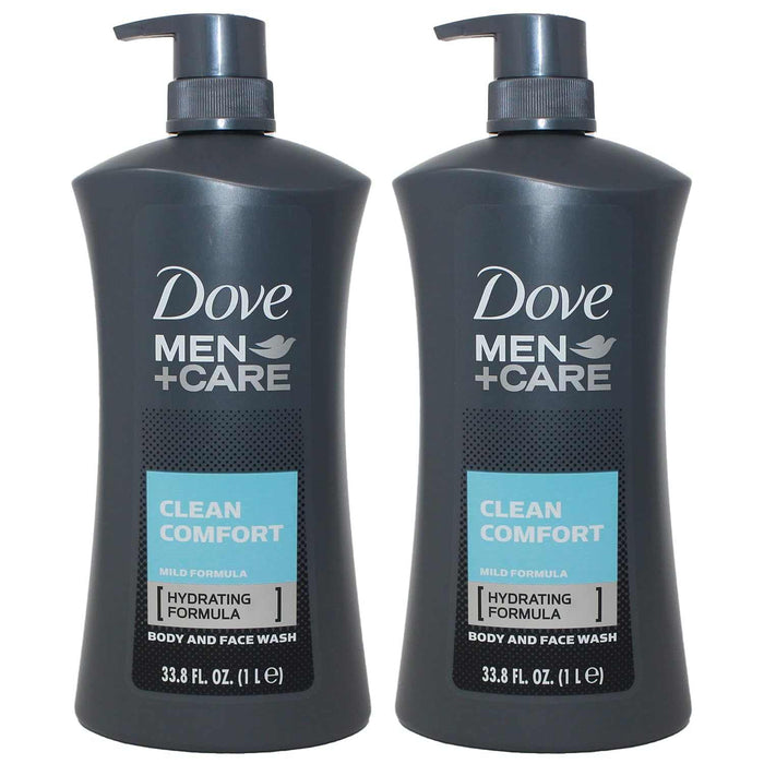 Two 1-liter bottles of Dove Men Body Wash Clean Comfort with hydrating formula for body and face
