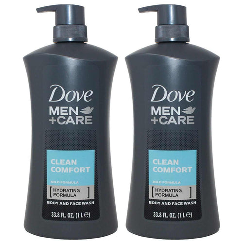 Two 1-liter bottles of Dove Men Body Wash Clean Comfort with hydrating formula for body and face