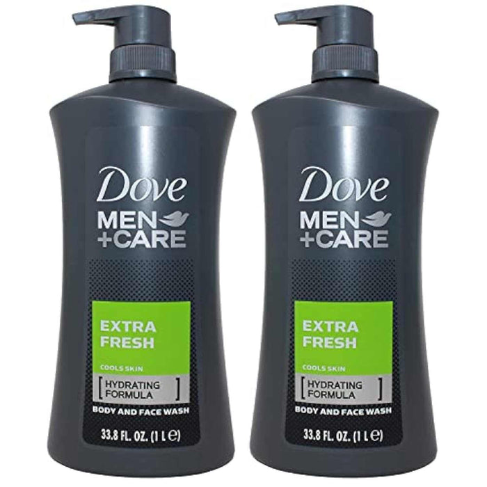 Two 1-liter bottles of Dove Men Body Wash Extra Fresh hydrating formula for men
