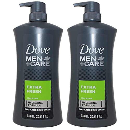 Two 1-liter bottles of Dove Men Body Wash Extra Fresh hydrating formula for men