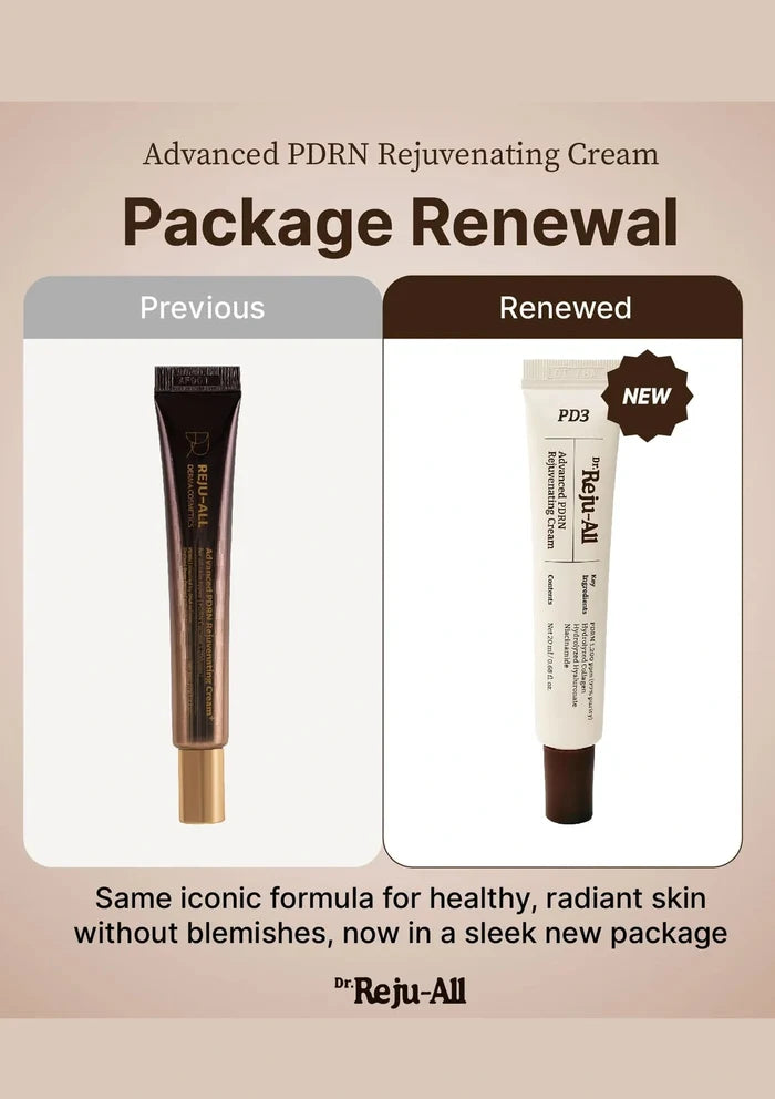 Comparison of a previous and renewed package of Dr. Reju-All Advanced PDRN Rejuvenating Cream.