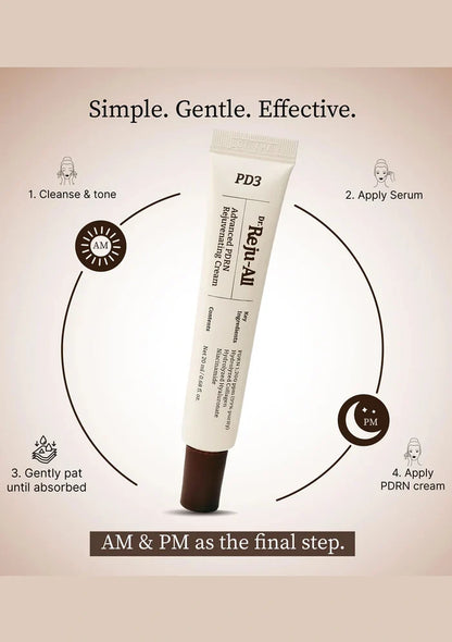 PDRN cream tube with skincare routine steps on a beige background