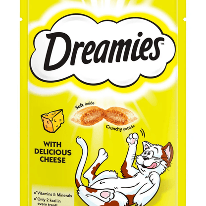 White background with a close up of a yellow packet of Dreamies with Delicious Cheese pictured. On the packet is an illustrated cartoon cat on it's back with an image of the treats above it and an illustrated piece of cheese. Text on the pack reads 'Dreamies, soft inside, crunchy outside, with delicious cheese.'