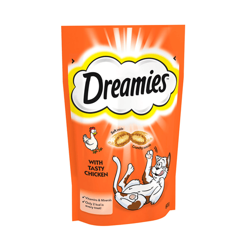 White background with a orange packet of Dreamies with Tasty Chicken pictured. On the packet is an illustrated cartoon cat on it's back with an image of the treats above it and an illustrated chicken. Text on the pack reads 'Dreamies, soft inside, crunchy outside, with tasty chicken.'
