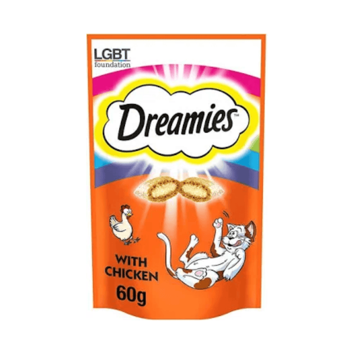 White background with a orange packet of Dreamies with Tasty Chicken pictured. On the packet is an illustrated cartoon cat on it's back with an image of the treats above it and an illustrated chicken. At the top of the packet is a rainbow, with text 'Proudly supporting LGBT Foundation' the other text on the pack reads 'Dreamies, soft inside, cruncy outside, with chicken.'