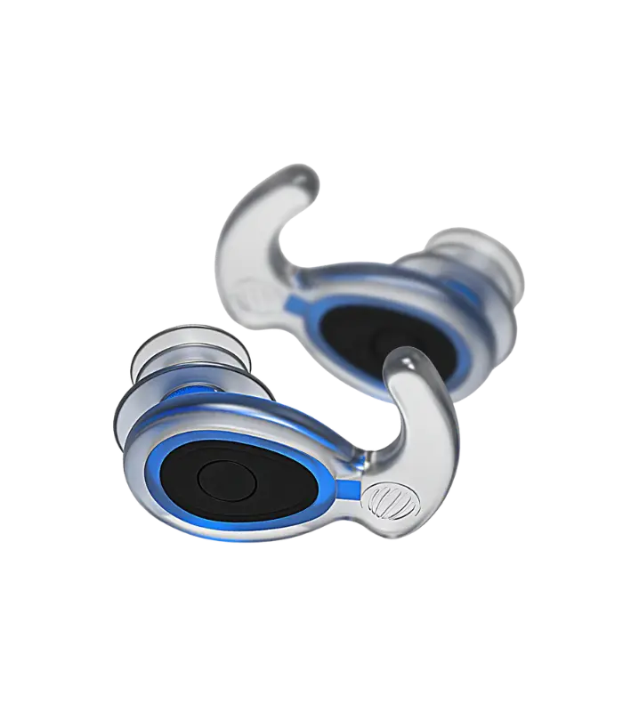 Sleep and Sound Eargasm Aquaplugs waterproof earplugs shown with compact travel case perfect for ear protection during swimming and water sports
