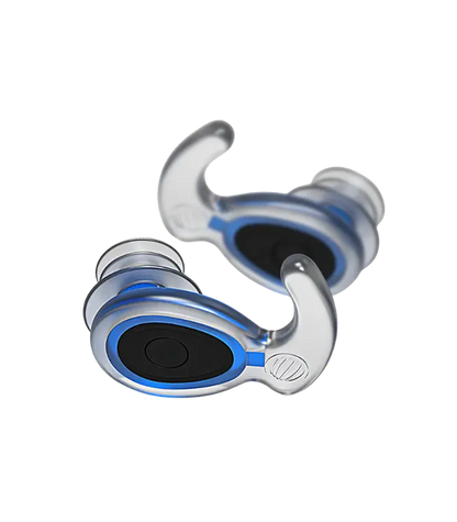 Sleep and Sound Eargasm Aquaplugs waterproof earplugs shown with compact travel case perfect for ear protection during swimming and water sports
