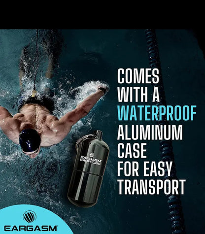Sleep and Sound Eargasm Aquaplugs waterproof earplugs shown with compact case ideal for protecting ears from water during swimming or bathing