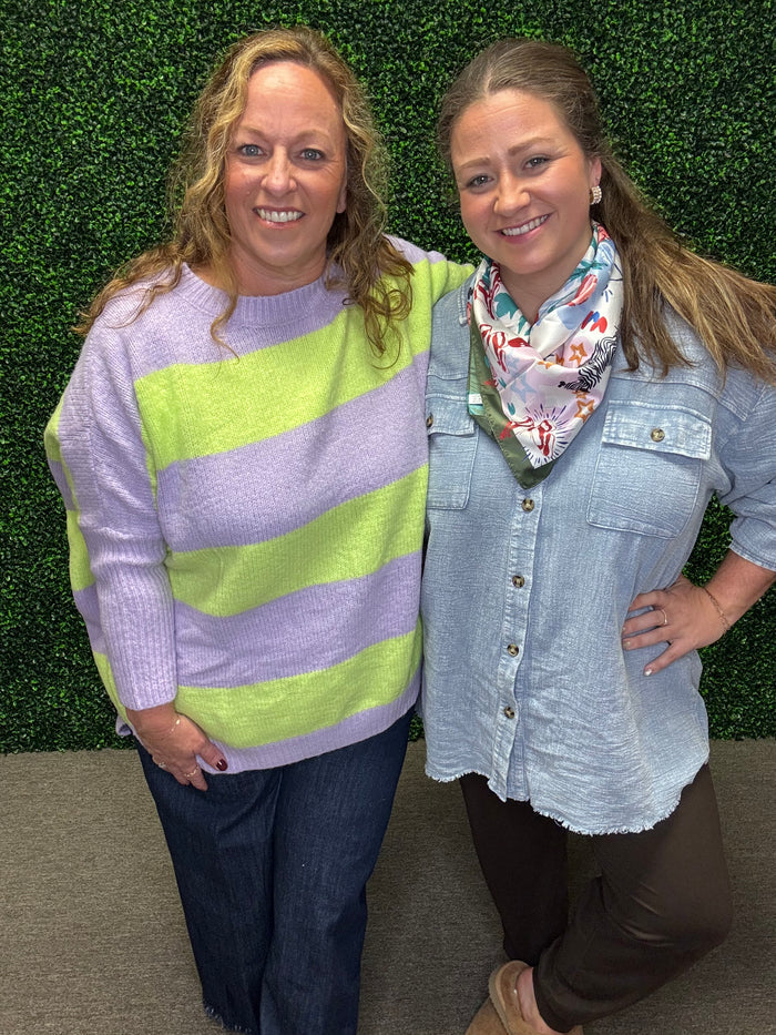 Easel Lavender and Lime Striped Oversized Sweater