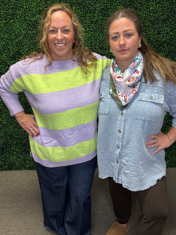 Easel Lavender and Lime Striped Oversized Sweater
