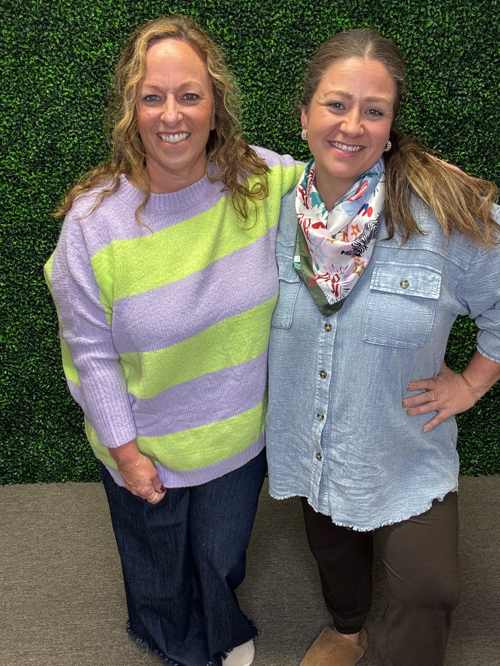 Easel Lavender and Lime Striped Oversized Sweater