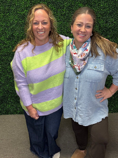Easel Lavender and Lime Striped Oversized Sweater