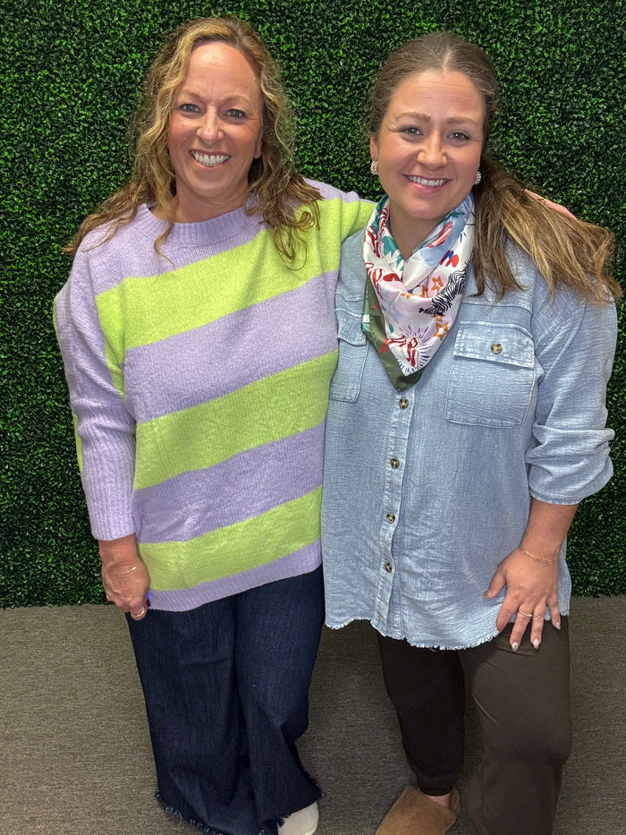 Easel Lavender and Lime Striped Oversized Sweater
