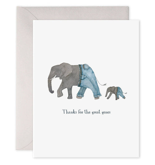 Elephant Genes greeting card with gray and blue elephant gene illustration
