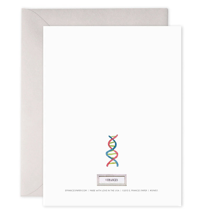 Gene-themed greeting card with colorful DNA helix on gray pedestal